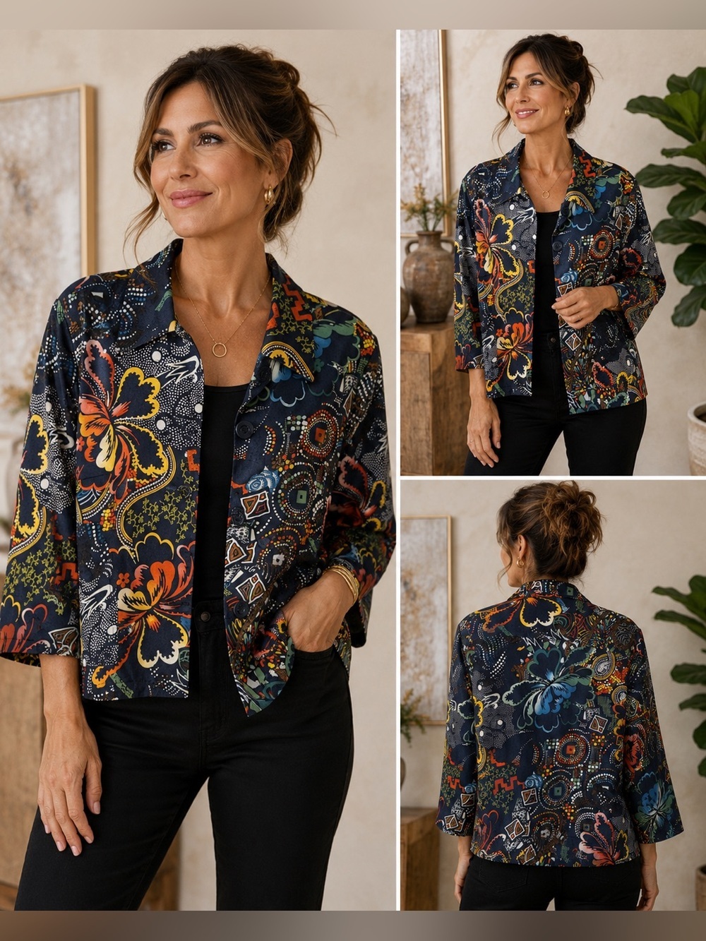 Chico's Navy Floral Paisley Button-Down Shirt with Orange & Yellow Accents